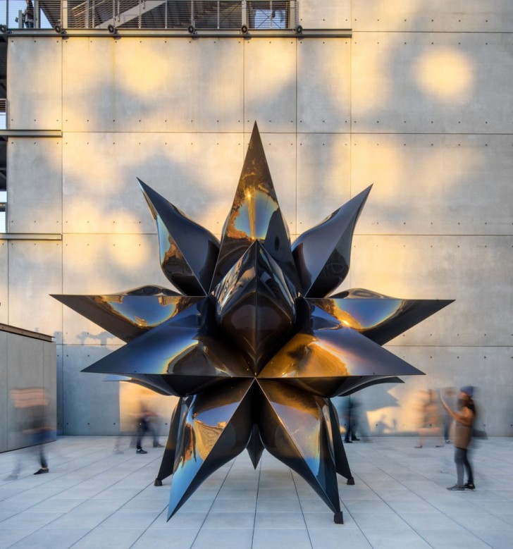 Frank Stella, Black Star, 2014, carbon fiber, 224 3/8 x 224 3/8 x 224 3/8 inches. Fifth floor gallery Installation view, , Frank Stella: A Retrospective, Whitney Museum of  American Art. Photo: Nic Lehoux