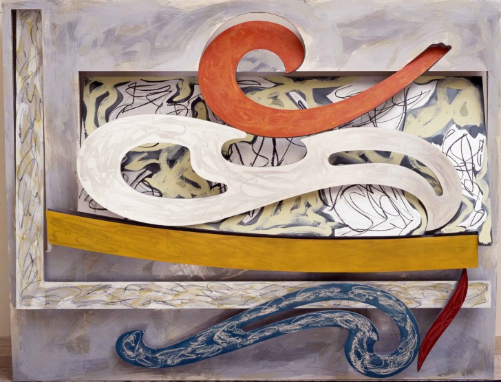 Frank Stella, Eskimo Curlew, 1976, litho crayon, etching, lacquer, ink, glass, acrylic paint, oil stick on aluminum, 98 3/4 x 127 x 18 inches. Included in Frank Stella: A Retrospective, Whitney Museum of  American Art. Image source: Whitney.org