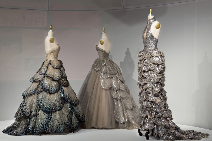 Upper level gallery view, Manus x Machina: Fashion in an Age of Technology; embroidery; Christian Dior, junon dress, and venus dress, autumn/winter 1949-50; Sarah Burton for Alexander McQueen, ensemble, spring/summer 2012. Photo ©2016 The Metropolitan Museum of Art, New York.