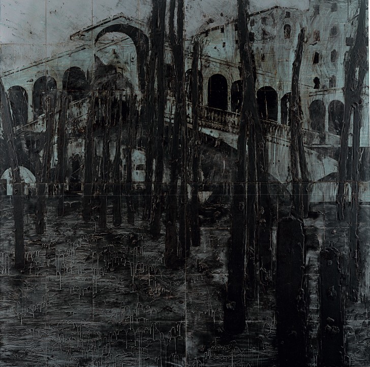 Donald Sultan, 1990, Venice Without Water June 12 1990, latex and tar on tile over Masonite, 96 x 96 inches. North Carolina Museum of Art, purchased with funds from the North Carolina Museum of Art Foundation, Art Trust Fund. Included in the exhibition, Donald Sultan: The Disaster Paintings. ©Donald Sultan