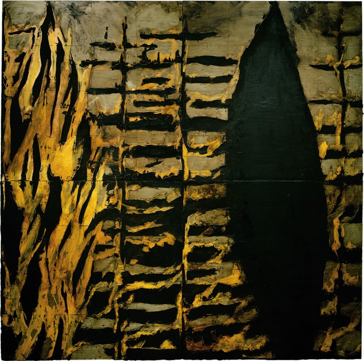 Donald Sultan, 1984, Forest Fire Jan 5 1984, latex and tar on tile over Masonite, 96 x 96 inches. Private collection, New York; on long-term loan to the Cleveland Museum of Art. Included in the exhibition, Donald Sultan: The Disaster Paintings. ©Donald Sultan