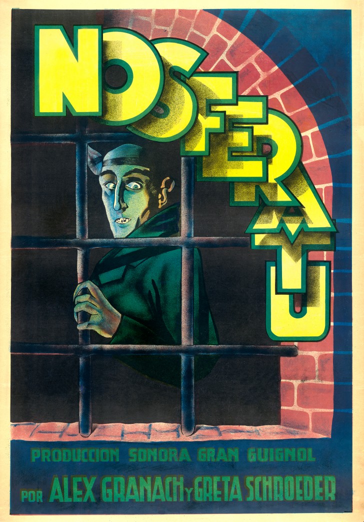 Nosferatu, about 1931, produced by Prana Film, Germany, printed in Spain, lithograph, 42 1/4 x 29 1/8 inches. Courtesy of the Kirk Hammett Horror and Sci-Fi Memorabilia Collection.