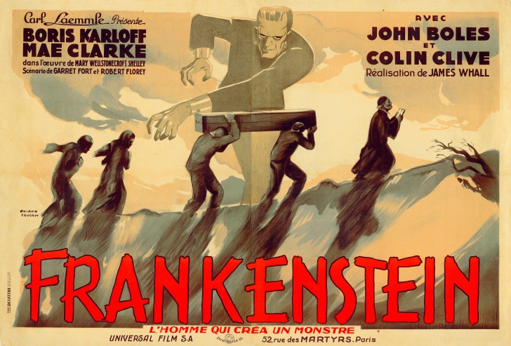 Roland Coudon, Frankenstein, about 1931, produced by Universal Pictures, printed by Etabts Delattre, France, lithograph, 63 × 94 inches. The Kirk Hammett Horror and Sci-Fi Memorabilia Collection. Courtesy of Universal Studios Licensing, LLC.